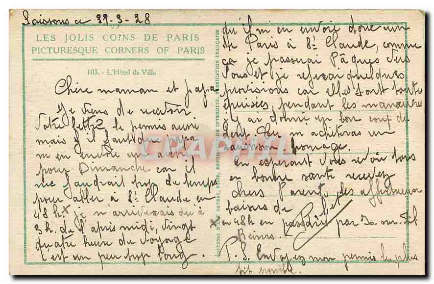 CPA Les Jolis Coins de Paris L'Hotel de Ville Bateau — Verso
