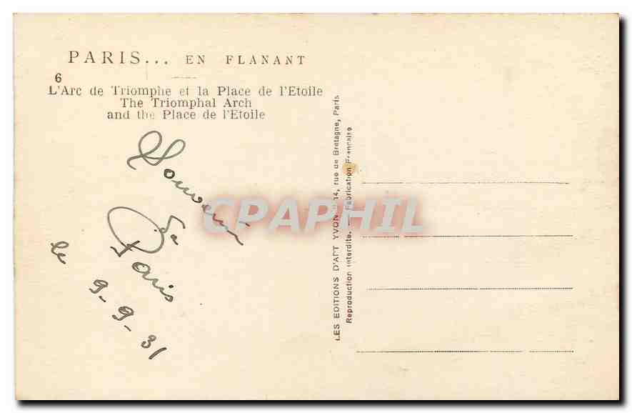 CPA Paris L'Arc de Triomphe et la Place de l'Etoile  — Rückseite