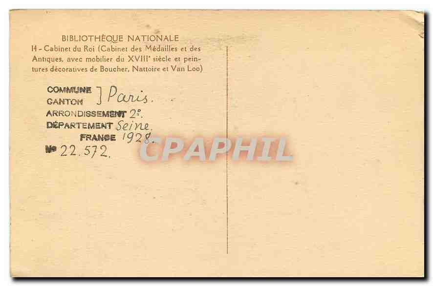 CPA Bibliotheque Nationale Cabinet du Roi Paris — Verso