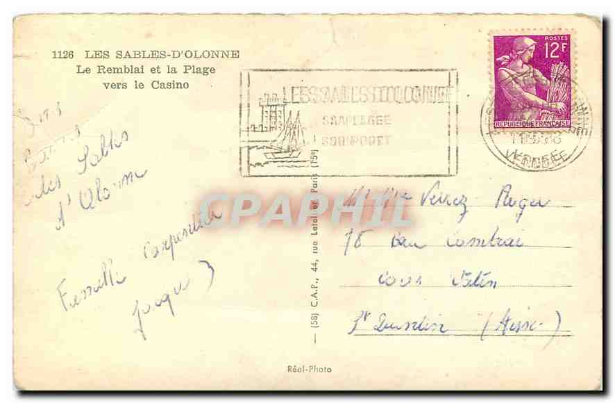 Les Sables-d'Olonne — Le Remblai et la Plage vers le Casino — Réal-Photo n°1128 — Rückseite
