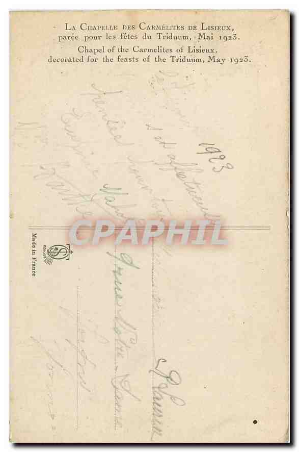 La Chapelle des Carmélites de Lisieux — décorée pour les fêtes du Triduum, Mai 1923 — éditeur non visible — Verso