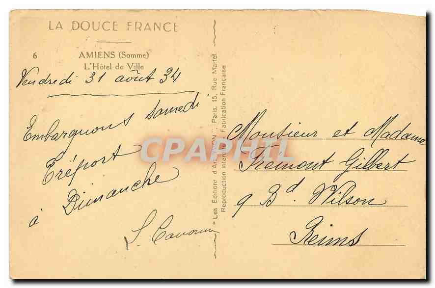 CPA Amiens Somme L'Hotel de Ville  — Rückseite
