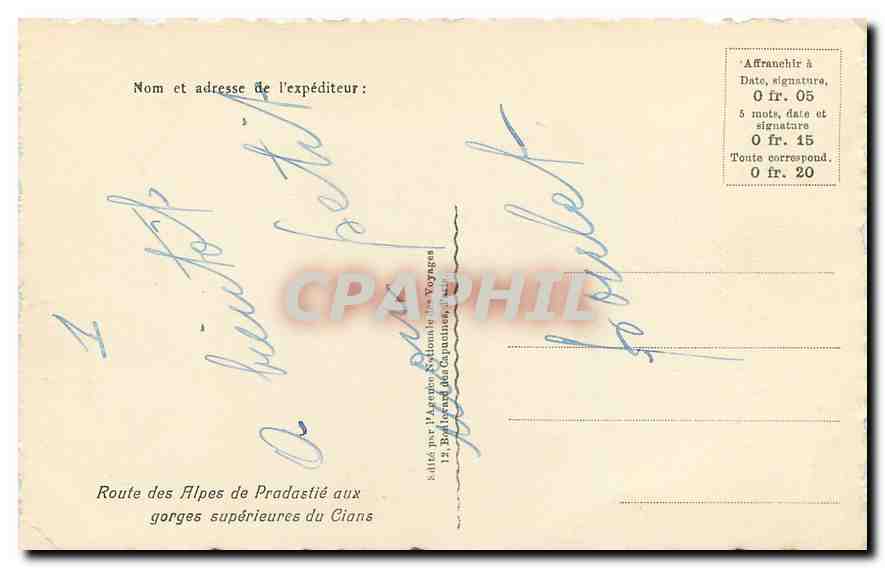CPA Route des Alpes de Pradastie aux gorges superieure du Cions  — Verso