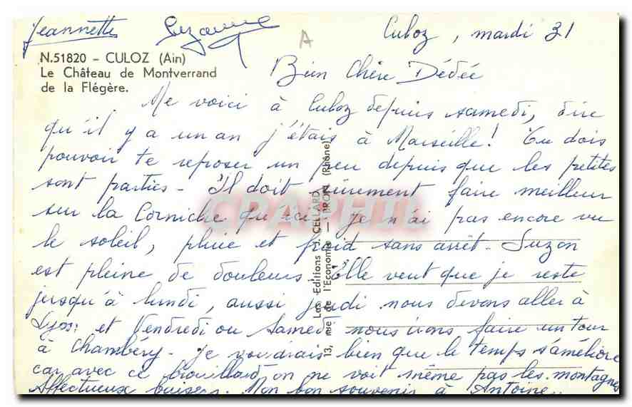 CPA Culoz Ain Le Chateau de Montverrand de la Flegere  — Rückseite