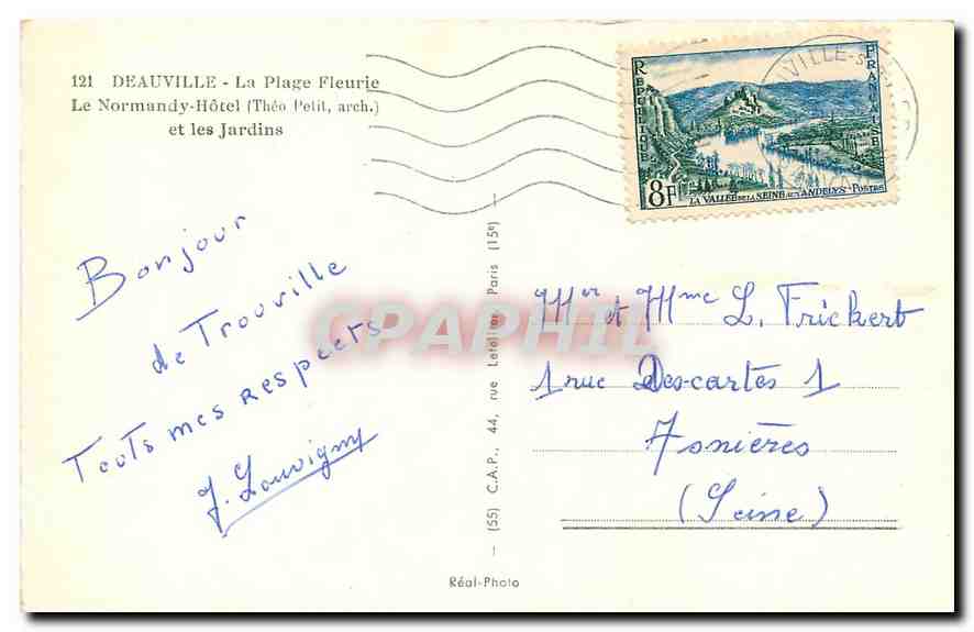 CPA Deauville La Plage Fleurie Le Normandy Hotel et les Jardins  — Verso