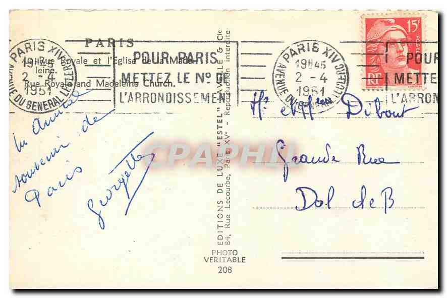 CPA Paris Rue Royale et l'Eglise de la Madeleine  — Verso