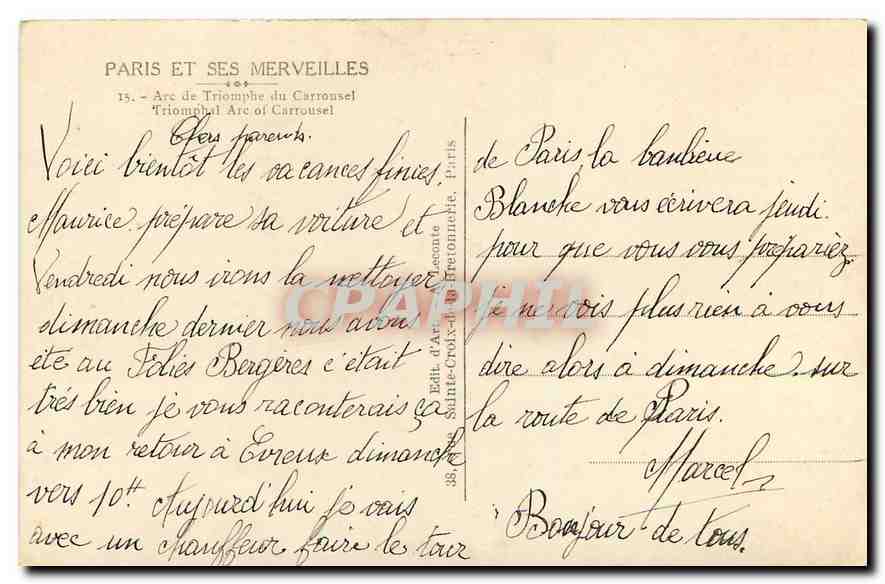 CPA Paris et ses Merveilles Arc de Triomphe du Carrousel  — Rückseite