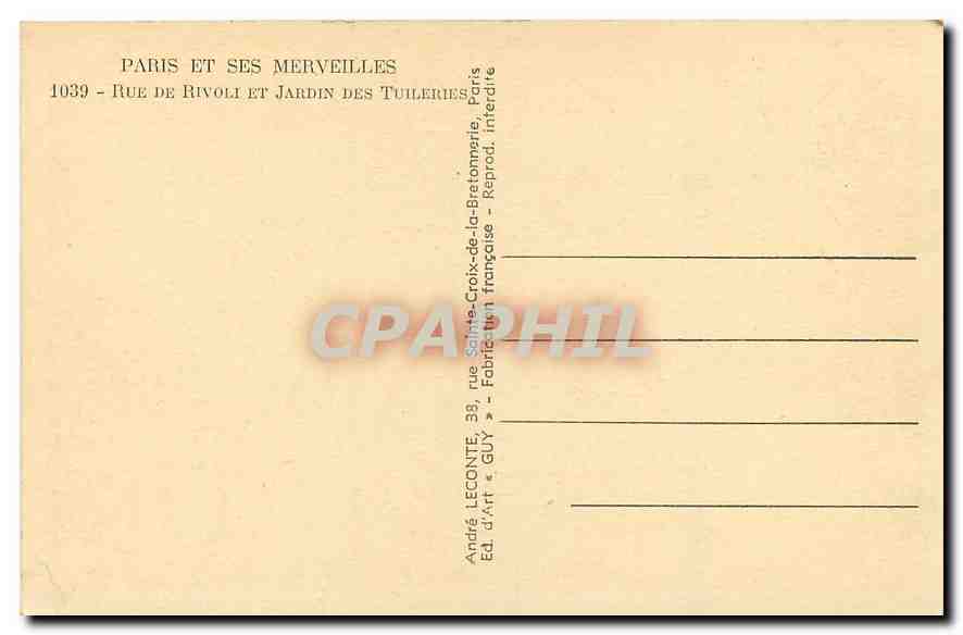 CPA Paris et ses Merveilles Rue de Rivoli et Jardin des Tuileries  — Rückseite