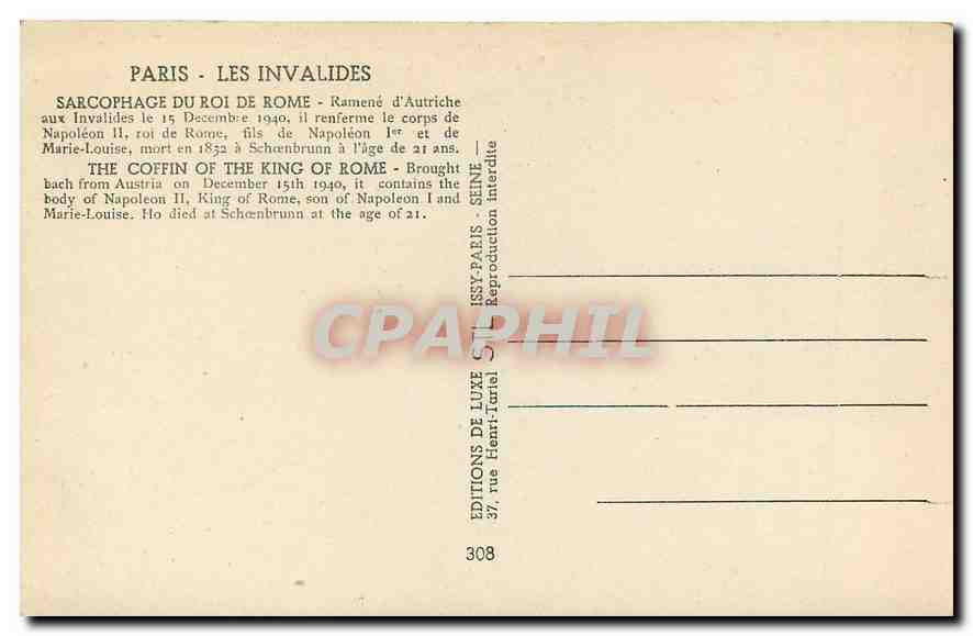 CPA Paris Les Invalides Sacophage du Roi de Dome  — Rückseite