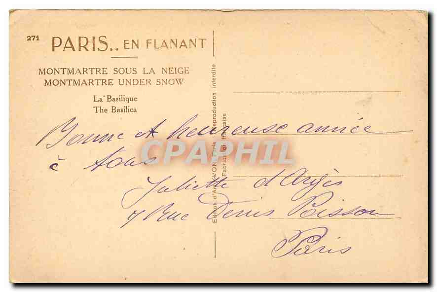 CPA Paris en flanant Montmartre sous la neige La Basilique  — Rückseite