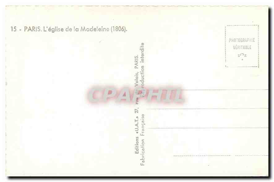 CPA Paris l'Eglise de la Madeleine  — Verso