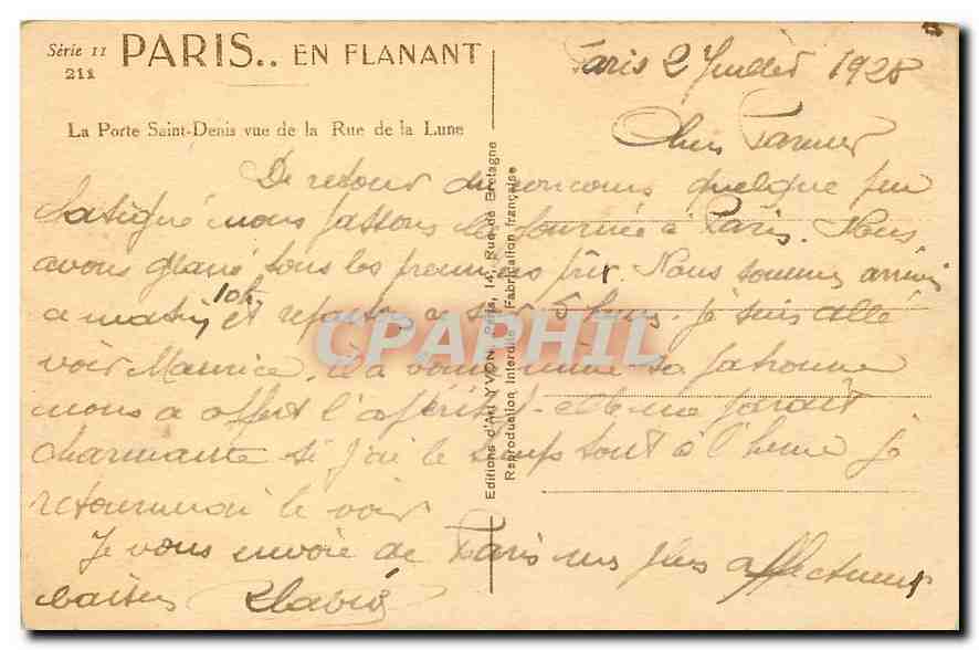 Paris. En Flanant — La Porte Saint-Denis vue de la Rue de la Lune — Éditions d'Art Yvon — Rückseite