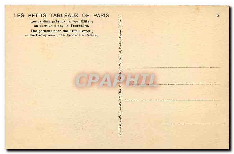 CPA Les Petits Tableaux de Paris Kes Jardins pres de la Tour Eiffel au dernier plan le Trocadero  — Rückseite