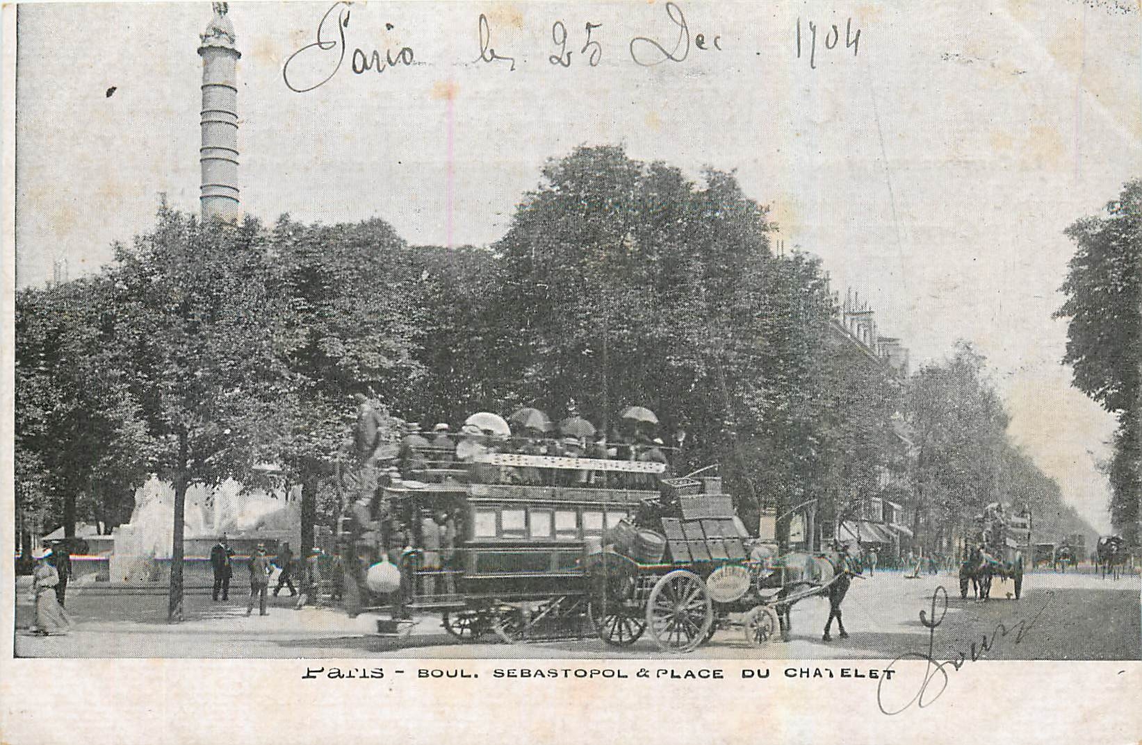 Paris - Boulevard Sebastopol & Place du Châtelet — vue avec monument et omnibus — éditeur Loury