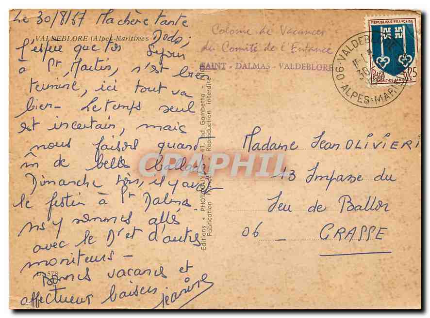 CPM Valdeblore Alpes Maritimes  — Rückseite