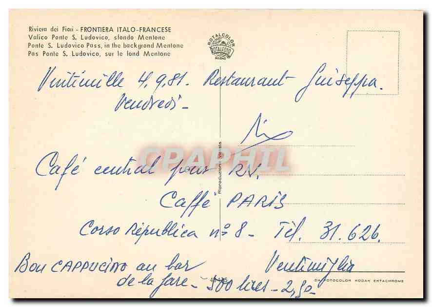 CPM Riviera dei Fiori Frontiera Italo Francese Pas Ponte S Ludovico sur le fond Menlone  — Rückseite