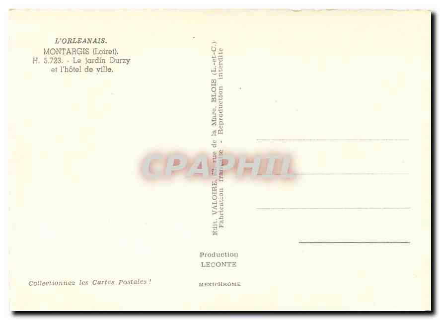 CPM L'Orlenais Montargis Loiret Le jardin Durzy et l'hotel de ville  — Rückseite