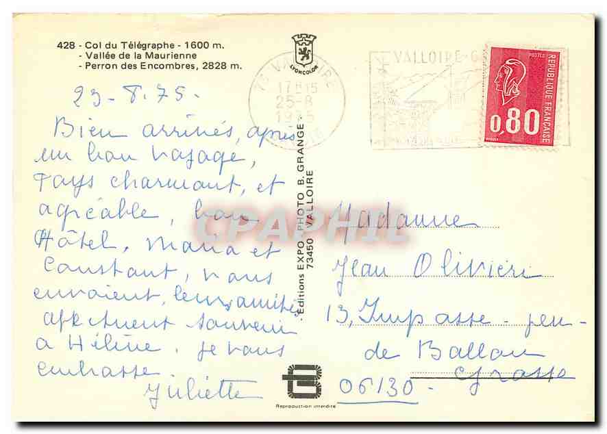 CPM Col du Telegraphe Vallee de la Maurienne Perron des Encombres Valloire — Rückseite