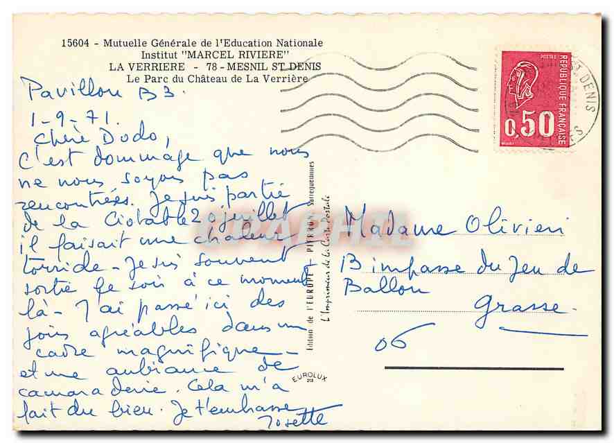 CPM Mutuelle generale de l'Education Nationale Institut Marcel Riviere La Verriere Mesnil St Denis L — Verso