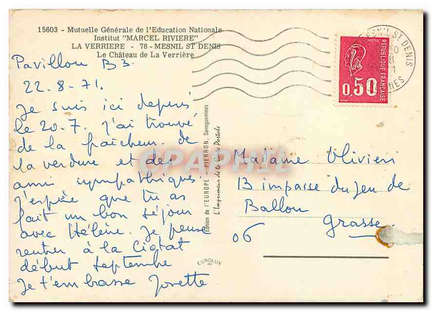 CPM Mutuelle generale de l'Education Nationale Institut Marcel Riviere La Verriere Mesnil St Denis L — Rückseite
