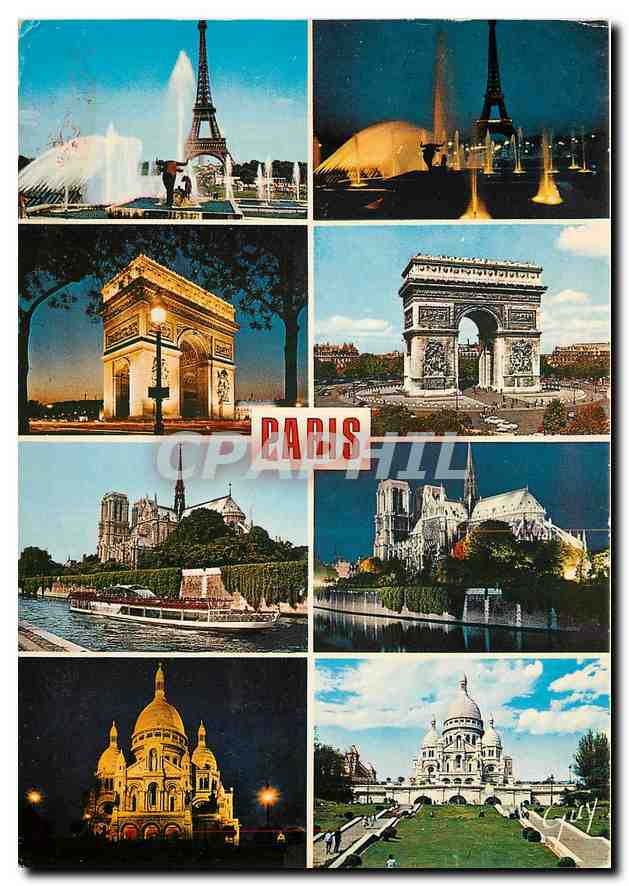 CPM Les Merveilles de Paris La Tour Eiffel L'arc de Triomphe de l'Etoile La Cathedrale Notre Dame La