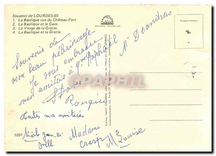 CPM Souvenir de Lourdes La Basilique vue du Chateau Fort La Basilique et le Gave La Vierge de la Gro — Verso