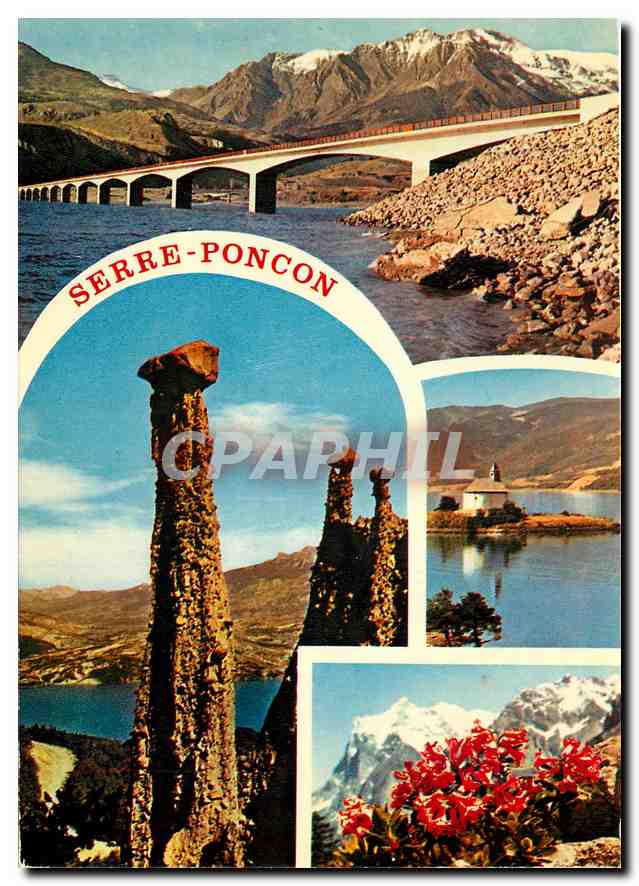 Serre-Ponçon — vue panoramique avec pont, rochers et montagnes enneigées — Éditions des Alpes
