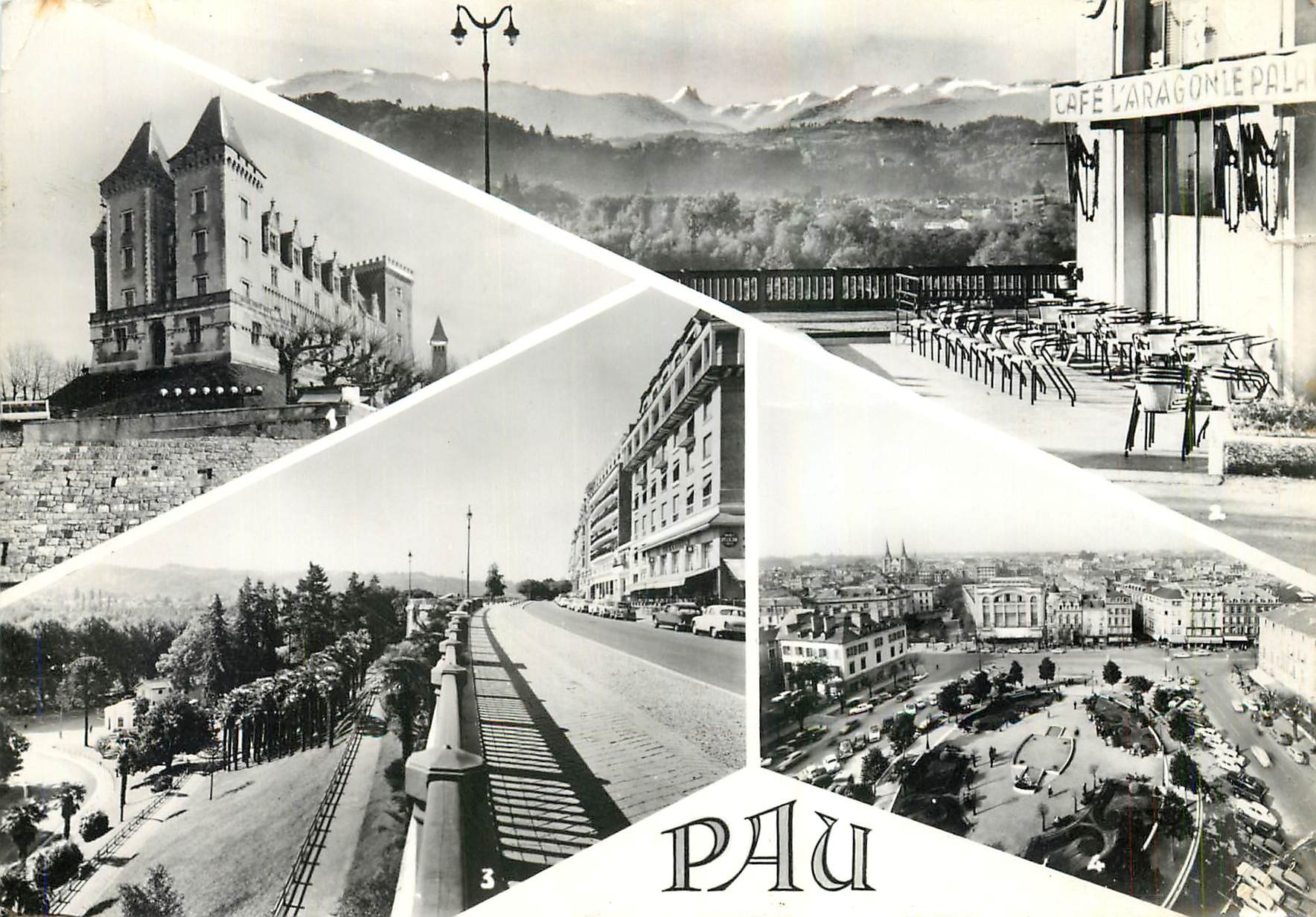 CPM Pau B P Le Chateau La Chaine des Pyrenees Le Boulevard des Pyrenees La Place Clemenceau 