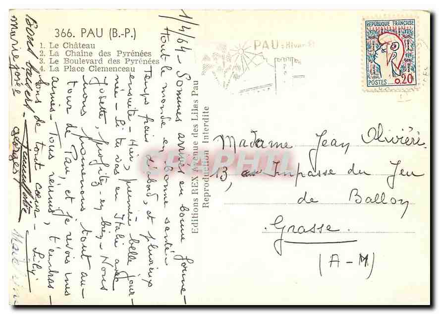 CPM Pau B P Le Chateau La Chaine des Pyrenees Le Boulevard des Pyrenees La Place Clemenceau  — Rückseite