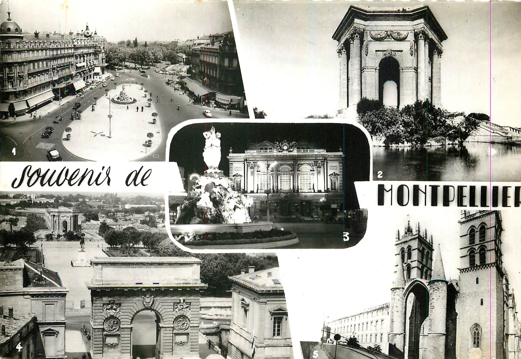 CPM Montpellier Place de la Comedie Le Chateau d'Eau Le Theatre la nuit et la Fontaine des Trois Gra