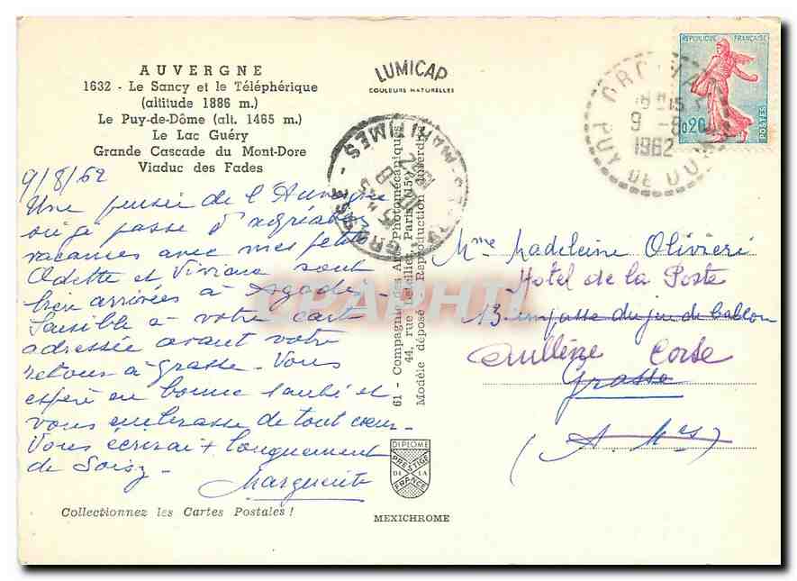 CPM Auvergne Le sancy et le Telepherique Le Puy de Dome Le Lac Guery Grande Cascade du Mont Dore Via — Verso