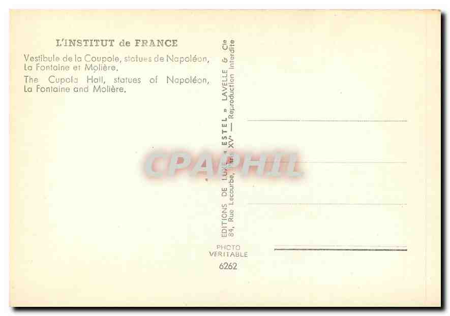 CPM L'Institut de France Vestibule de la Coupole statues de Napoleon la Fontaine et Moliere  — Rückseite