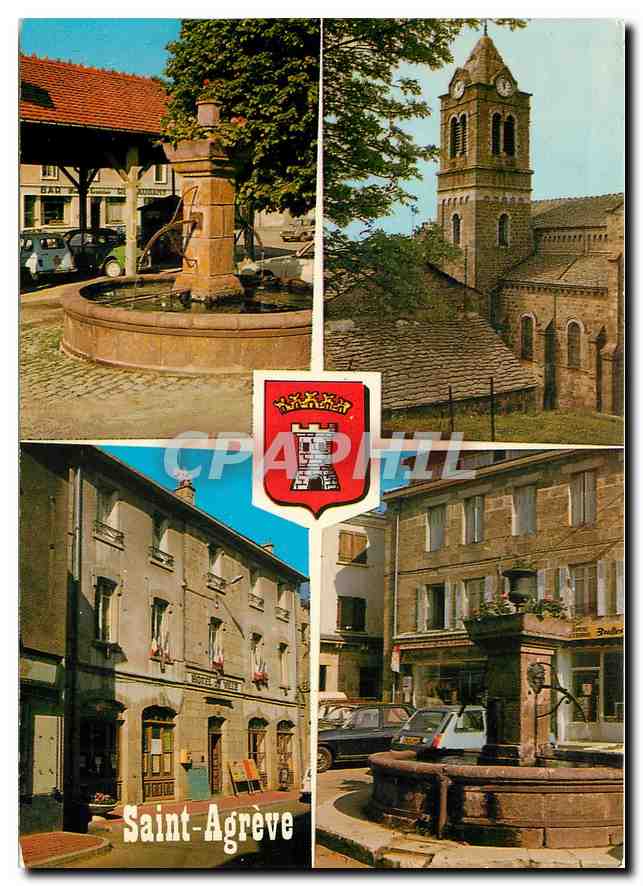 Saint-Agrève — Ansicht des Platzes mit Brunnen und Kirche — Cellard Editions