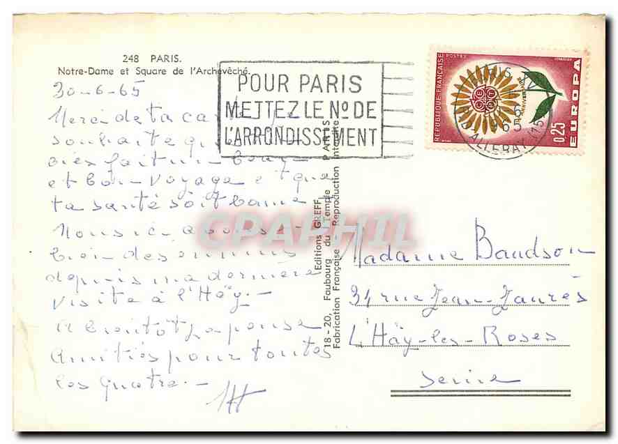 CPM Paris Notre Dame et Square de l'Archeveche  — Verso