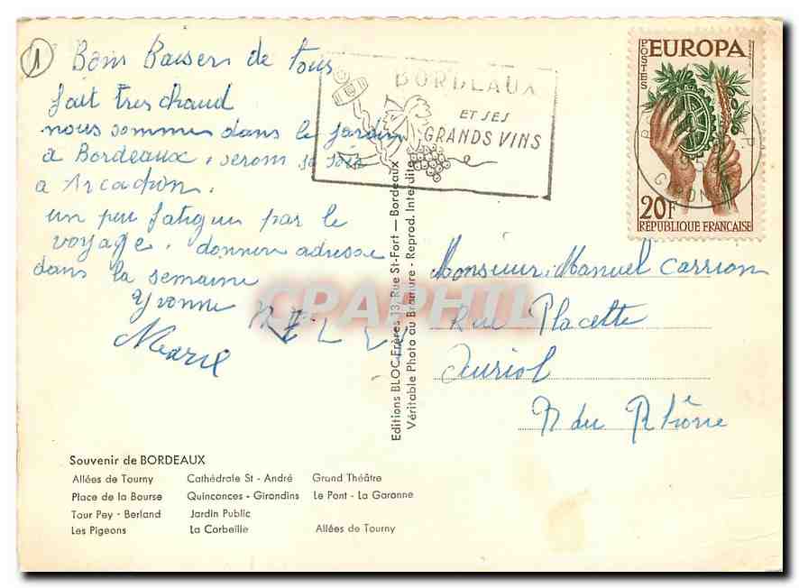 CPM Souvenir de Bordeaux Allees de Tourny Place de la Bourse Cathedrale St Andre Quinconces Girondin — Verso