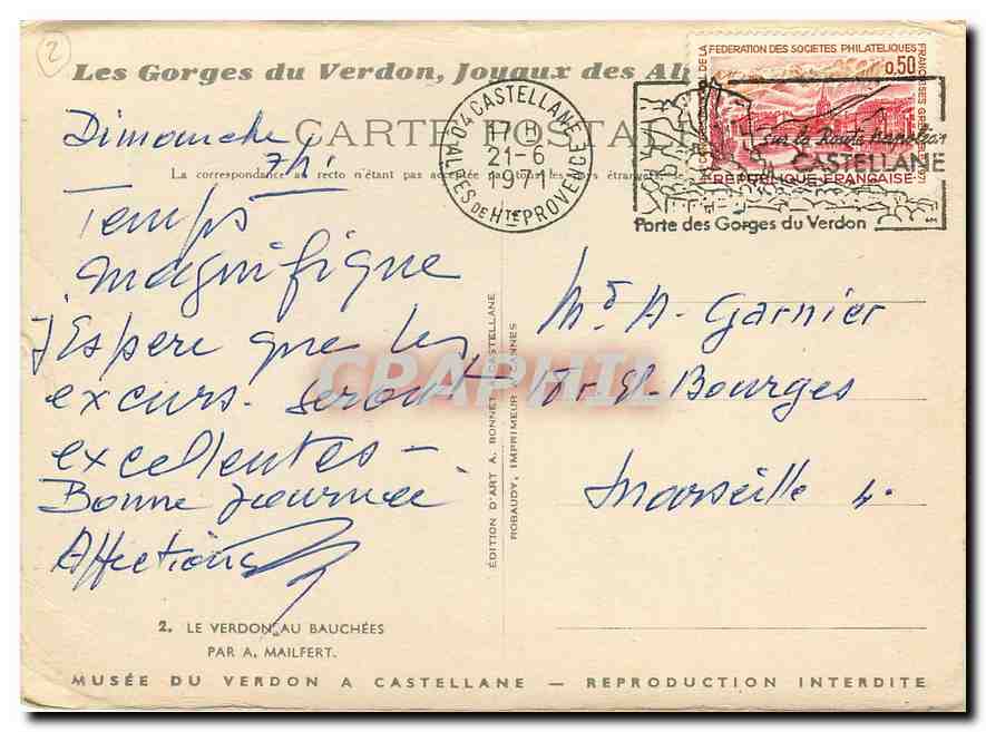 Les Gorges du Verdon, Joyaux des Alpes — Édition d'Art A. Bonneville, n°2 — Rückseite