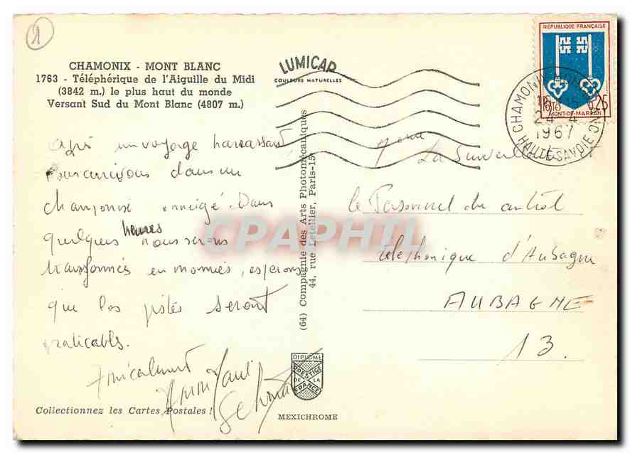 CPM Chamonix Mont Blanc Telepherique de l'Aiguille du Midi le plus haut du monde Versant Sud du Mont — Rückseite