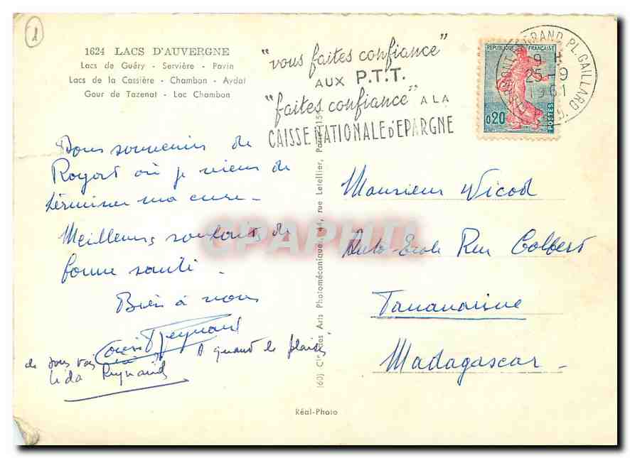 CPM Lacs d'Auvergne Lacs de Guery Serviere Pavin Lacs de la Cassiere Chambon Aydat Gour de Tazenat L — Rückseite
