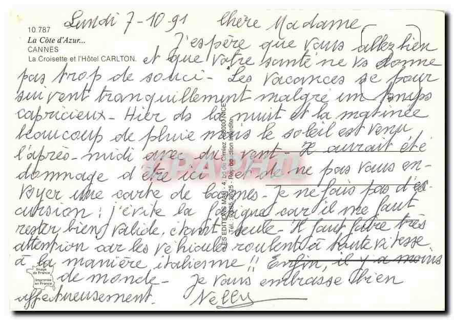 CPM La Cote d'Azur Cannes La Croisette et l'Hotel Carlton  — Rückseite