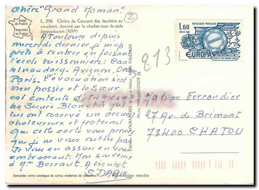 CPM Cloitre du Couvent des Jacobins au couchant domine par le clocher tour de style Janquedocien  — Rückseite