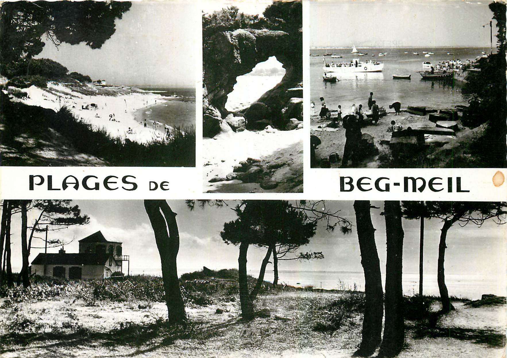CPM Bretagne Beg Meil Finistere La grande plage le port la roche percee et les pins sur les dunes 