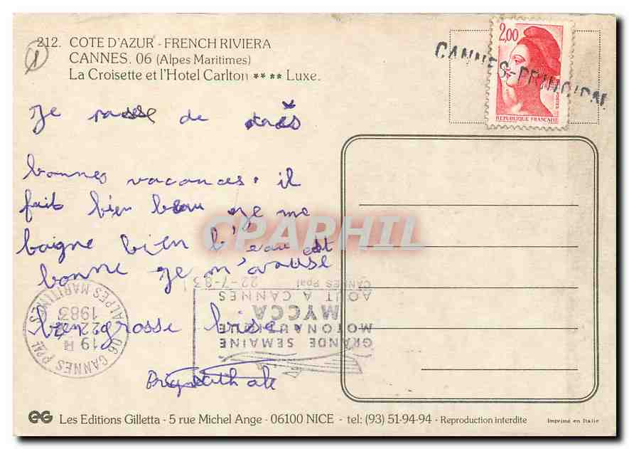 CPM Cote d'Azur Cannes Alpes Maritimes La Croisette et l'Hotel Carlton Luxe  — Rückseite