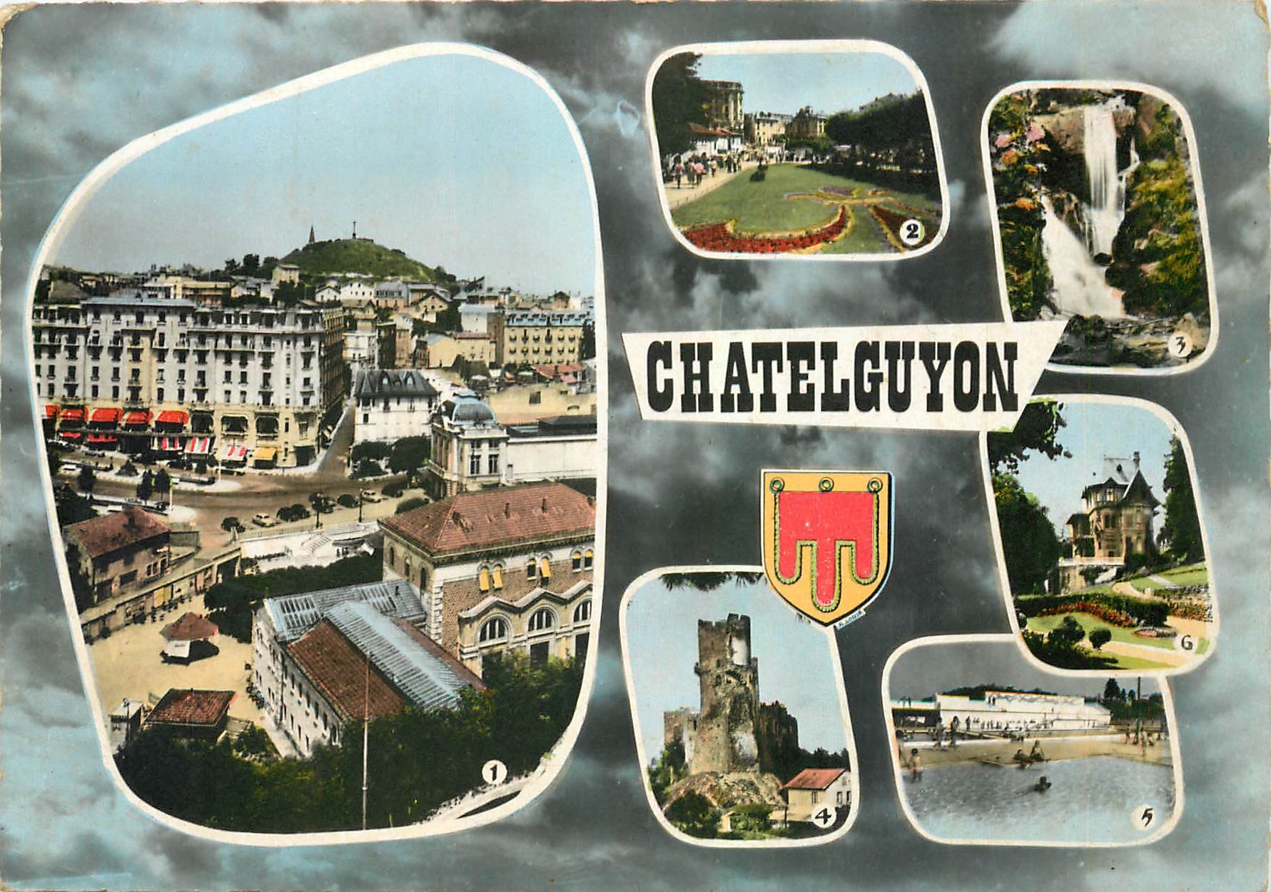 CPM Chatelguyon P de D Vue generale et Calvaire Source Suzanne et Theatre Cascade des gorges d'Enval