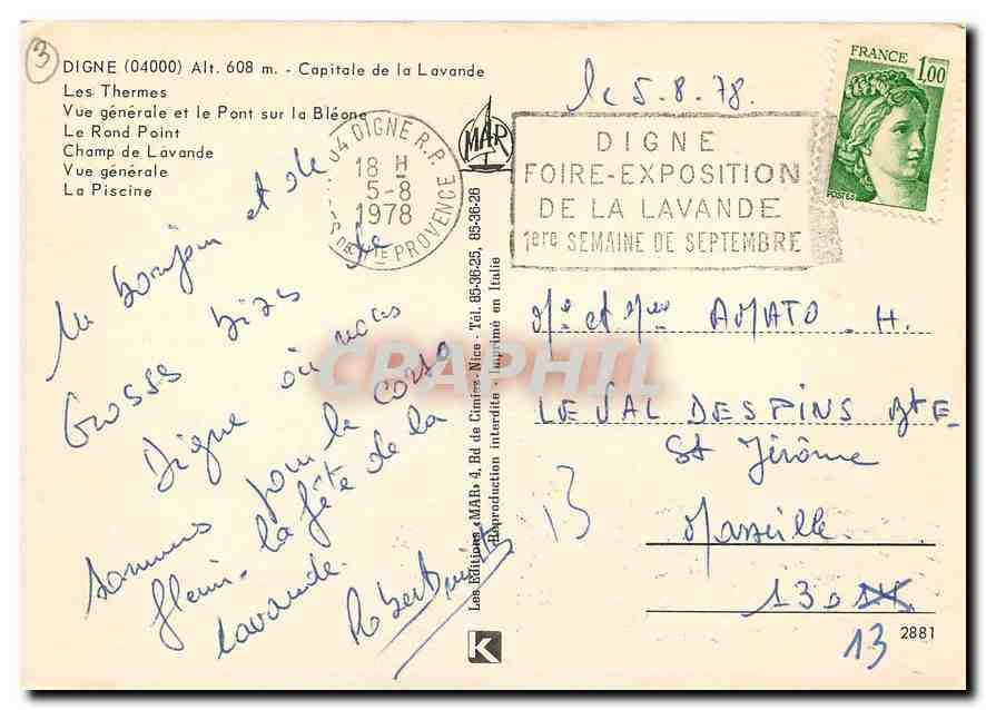 CPM Digne Capitale de la Lavande Les Thermes Vue generale et le Pont sur la Bleone Le Rond Point Cha — Rückseite