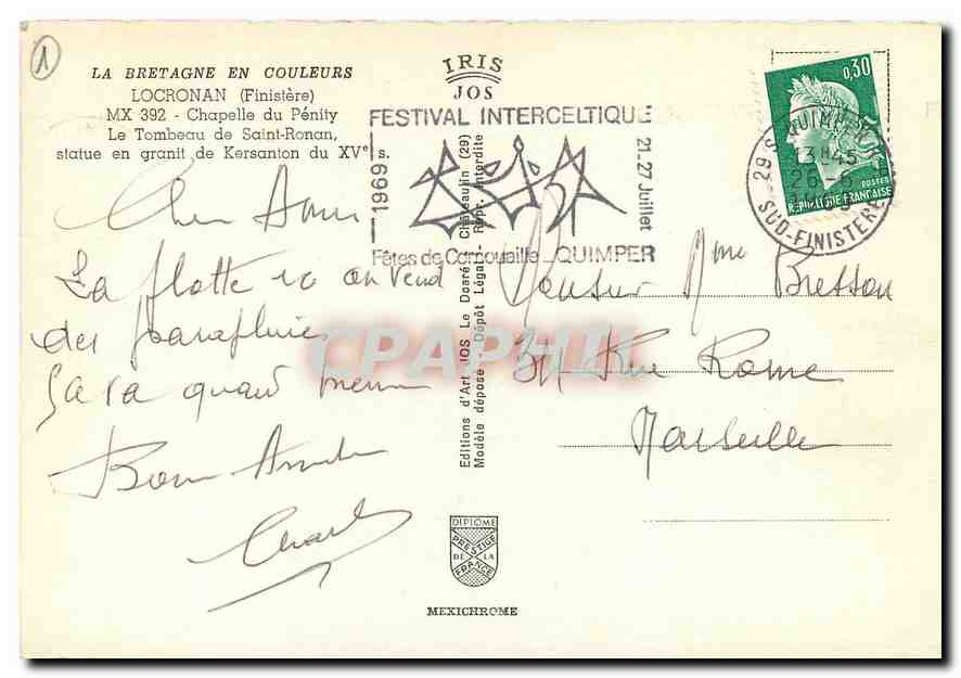 CPM La Bretagne en Couleurs Locronan Finistere Chapelle du Penily Le Tombeau de Saint Ronan statue e — Rückseite
