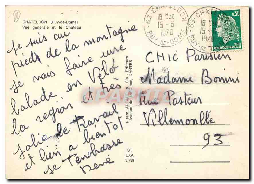 CPM Chateldon Puy de Dome Vue generale et le Chateau  — Verso