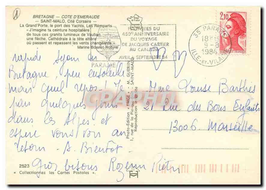 Saint-Malo — The Grand Port, the Ramparts and the Cathedral — Photo-Édition Emgé, n°2523 — Back