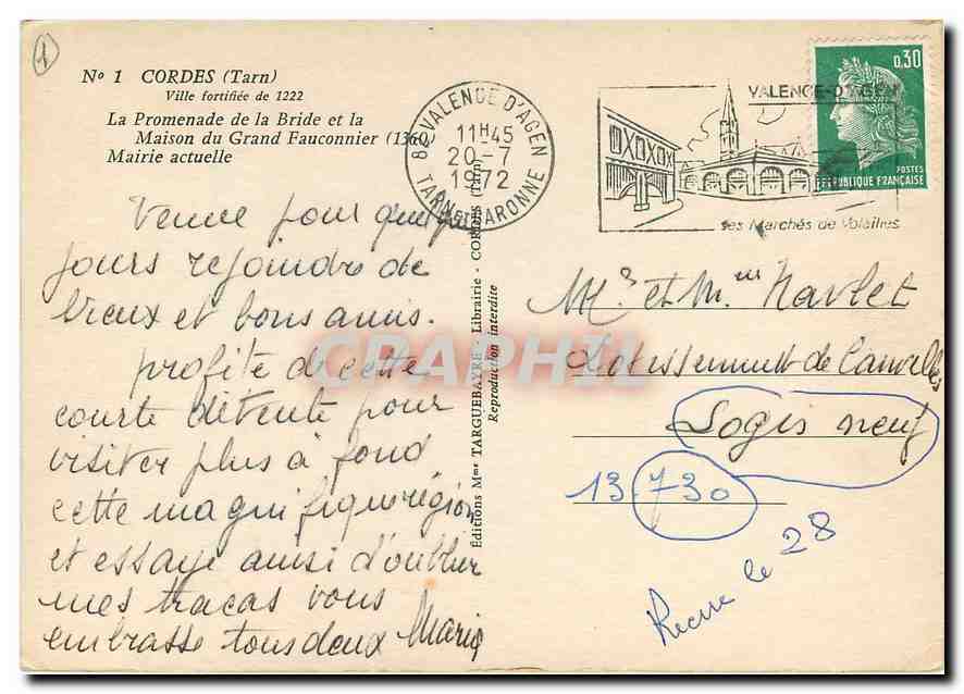 CPM Cordes Tarn La Promenade de la Bride et la Maison du Grand Fauconnier Mairie actuelle  — Rückseite