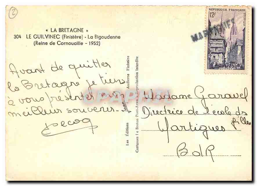 Reine de Cornouaille — La Bigouden — Éditions Audierne — n°304 — Rückseite