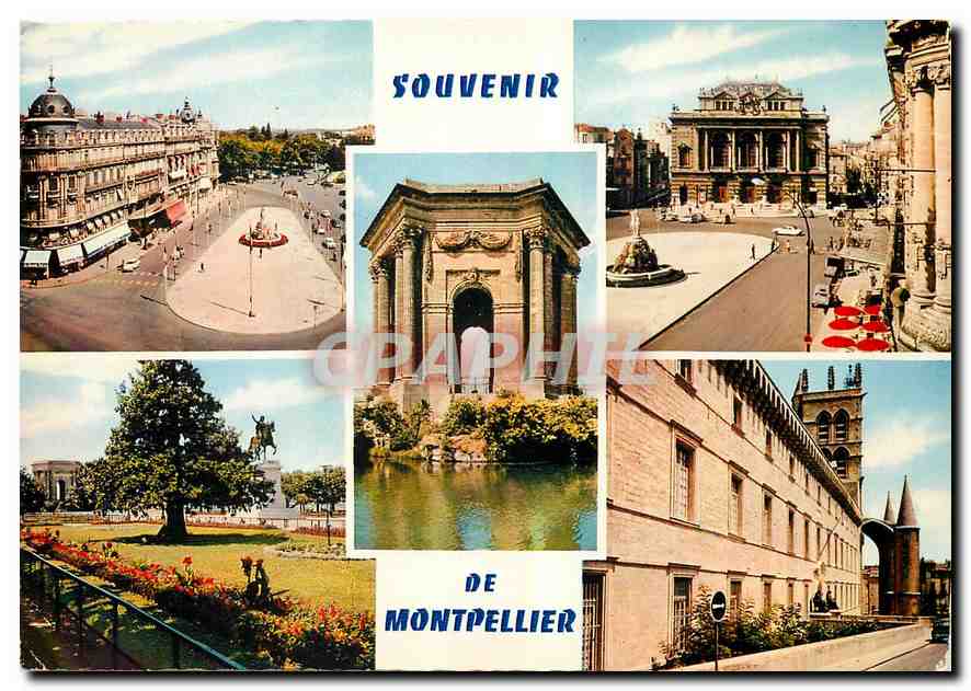 CPM Montpellier Herault Place de la Comedie Le Theatre Le Chatea d'eau Statue equestre de Louis XIV 
